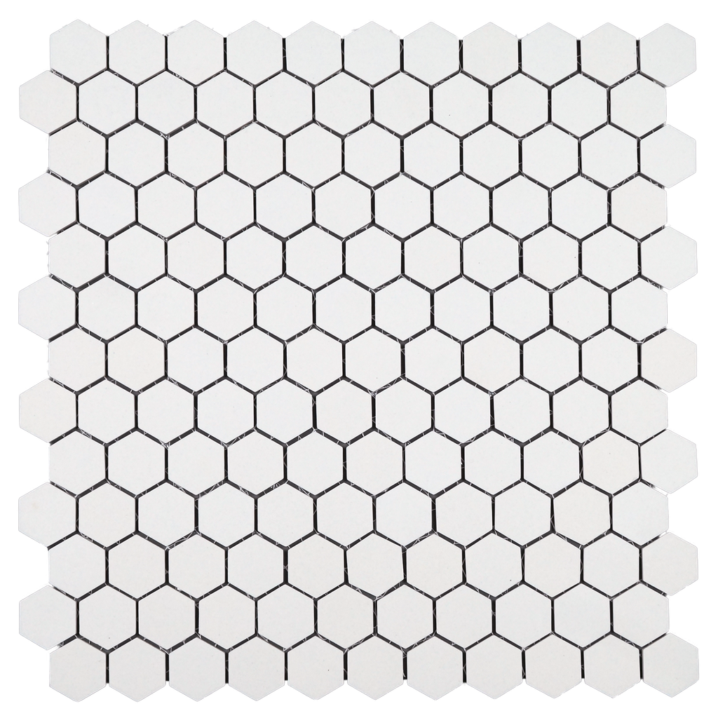 1" unglazed porcelain hex mosaic in 'Arctic White' - Mesh Mounted