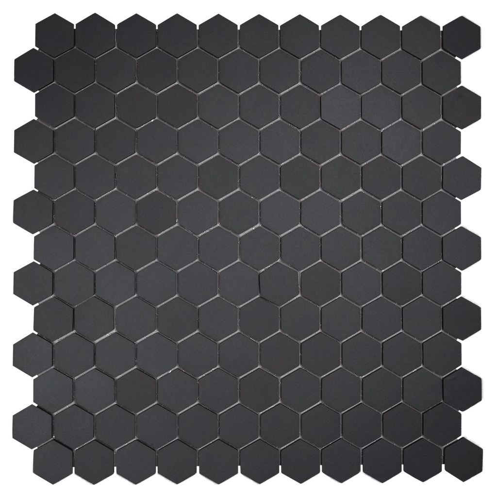 1" unglazed porcelain hex mosaic in 'Charcoal' - Mesh Mounted