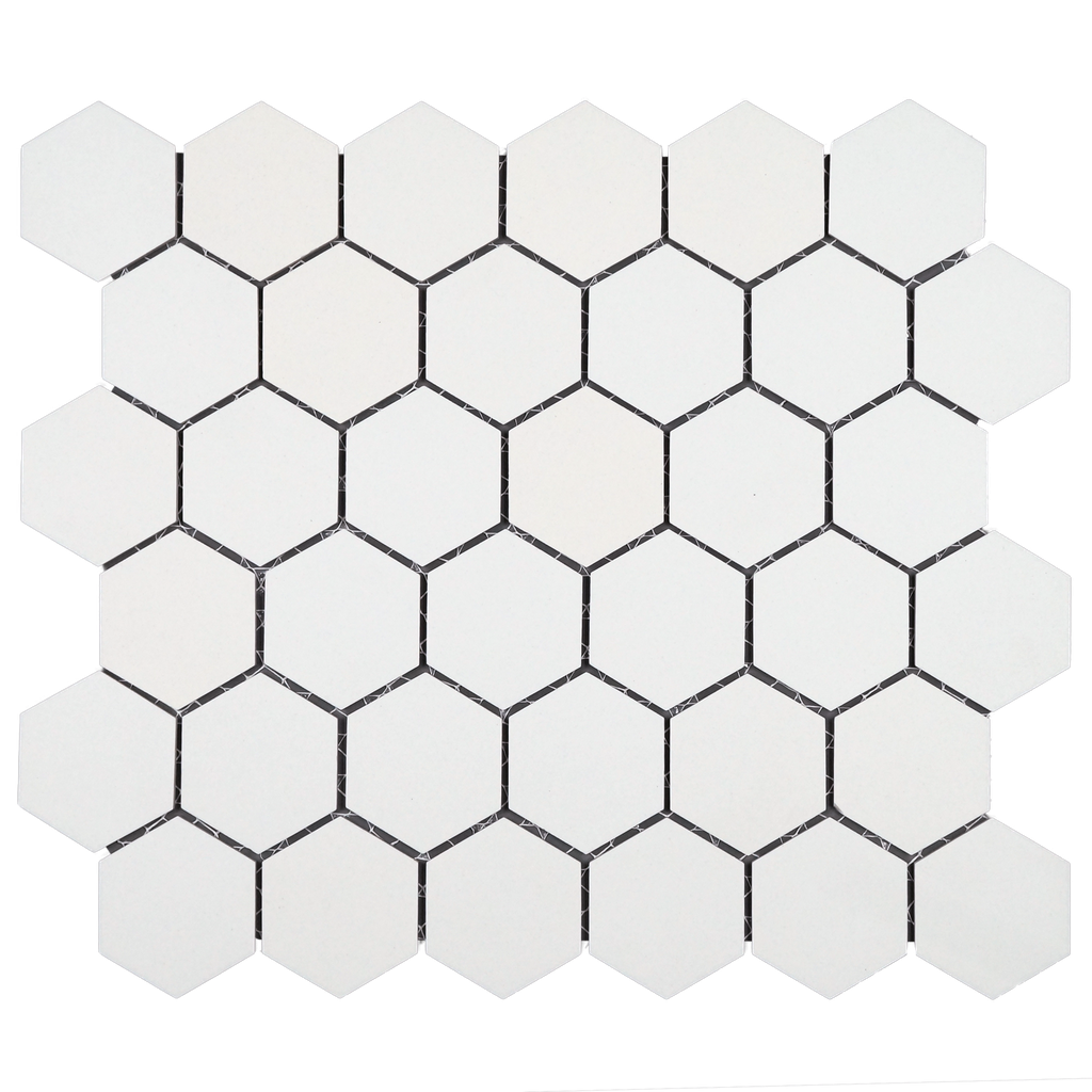 2" unglazed porcelain hex mosaic in 'Arctic White' - Mesh Mounted