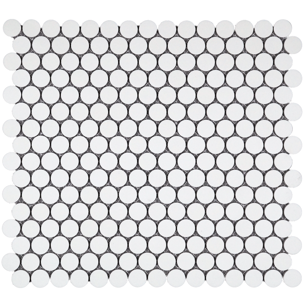 3/4" unglazed porcelain penny round mosaic in 'Arctic White' - Mesh Mounted